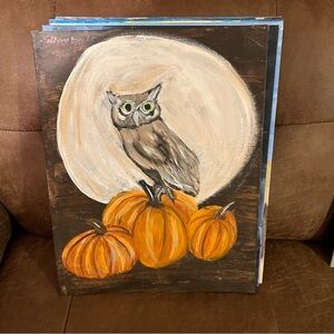 Owl and Pumpkins Art Print